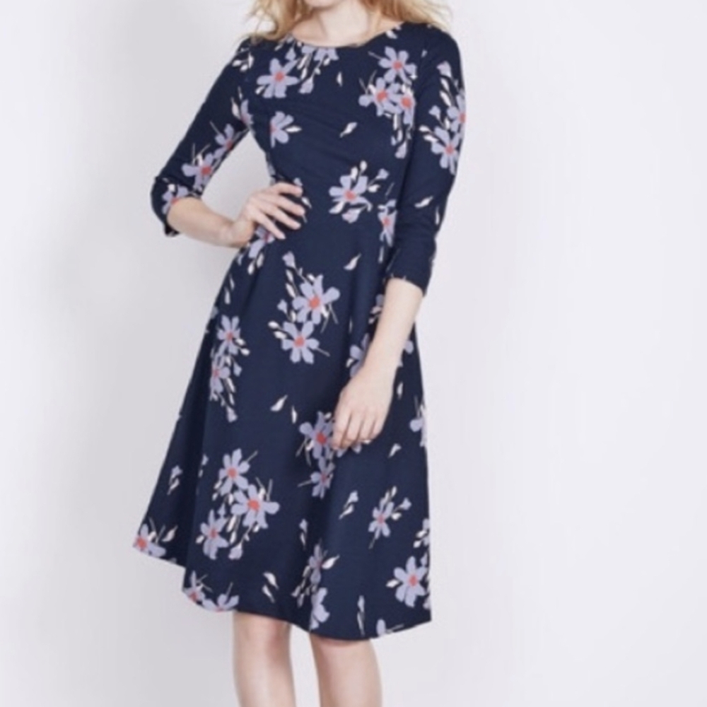 Boden Navy Floral Three-Quarter Sleeve Midi Dress